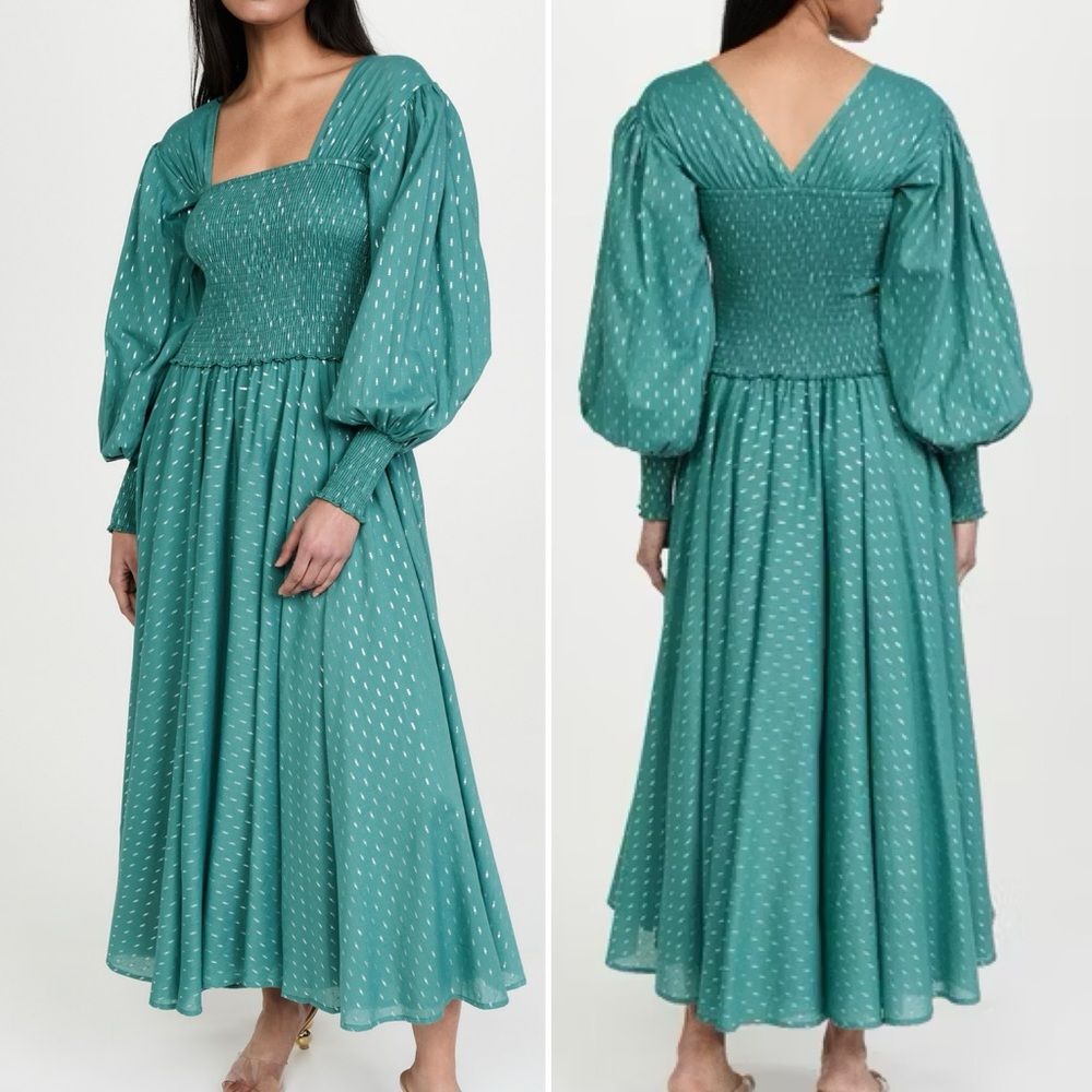 Abacaxi Eva Dress Teal Metallic Cotton Maxi Puff Sleeve Smocked Bodice Sz Large